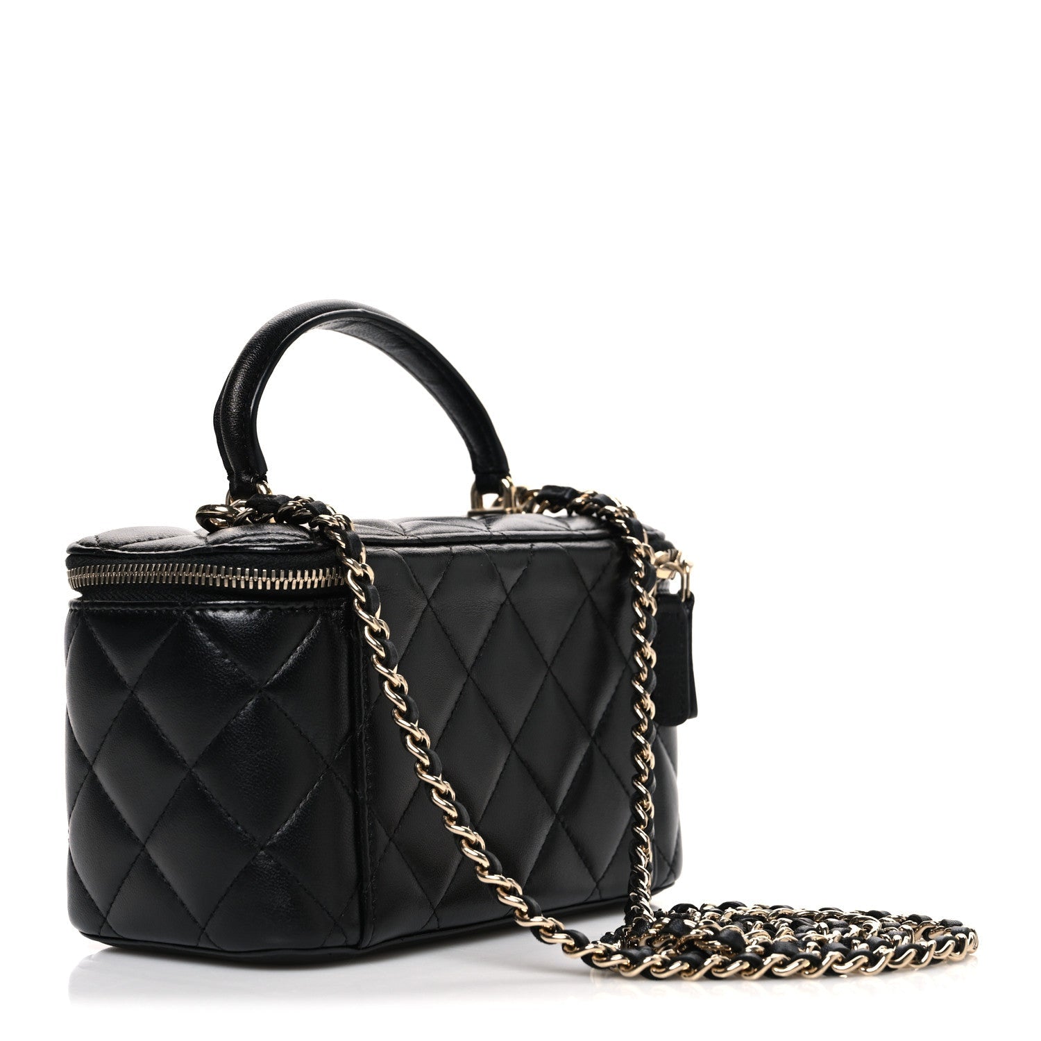 Lambskin Quilted Small Top Handle Vanity Case With Chain Black