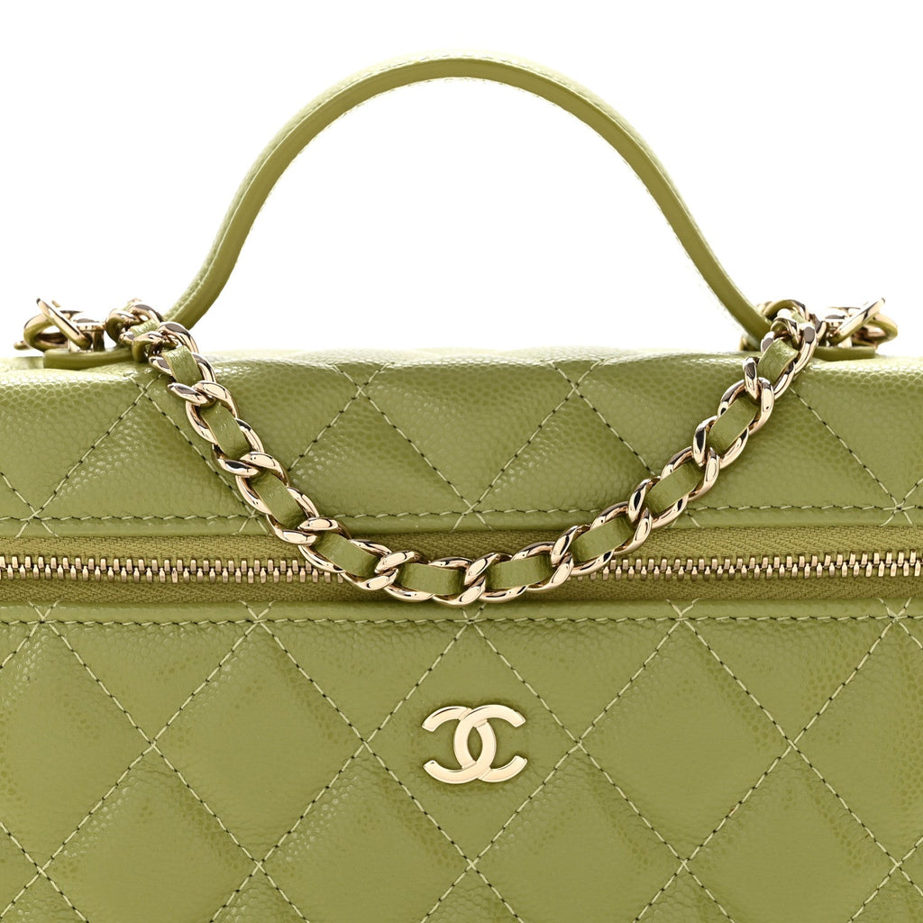 Caviar Quilted Top Handle Slim Vanity With Chain Khaki