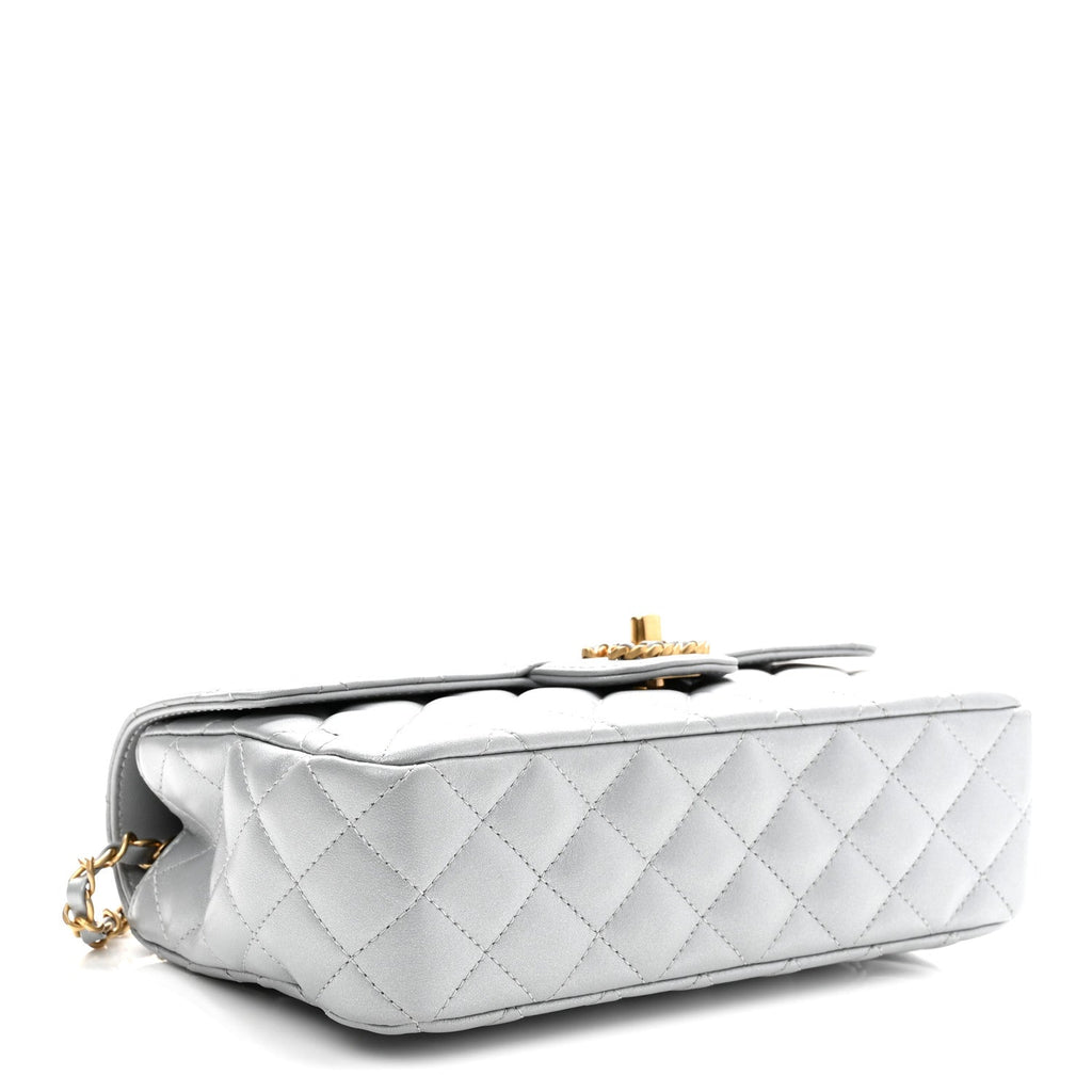 Metallic Lambskin Quilted Small Strass On Top Flap Silvery