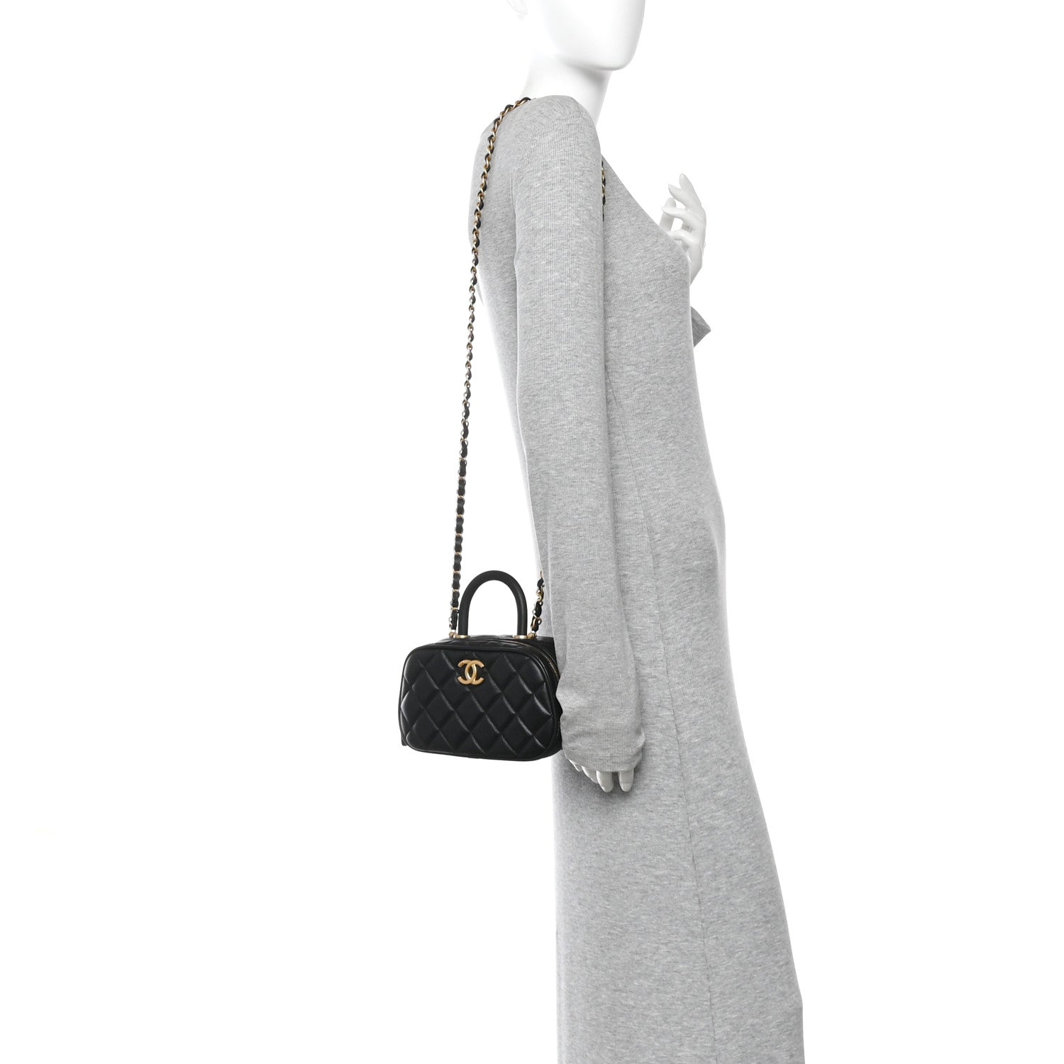 Lambskin Quilted Top Handle Mini Bowling Bag Black