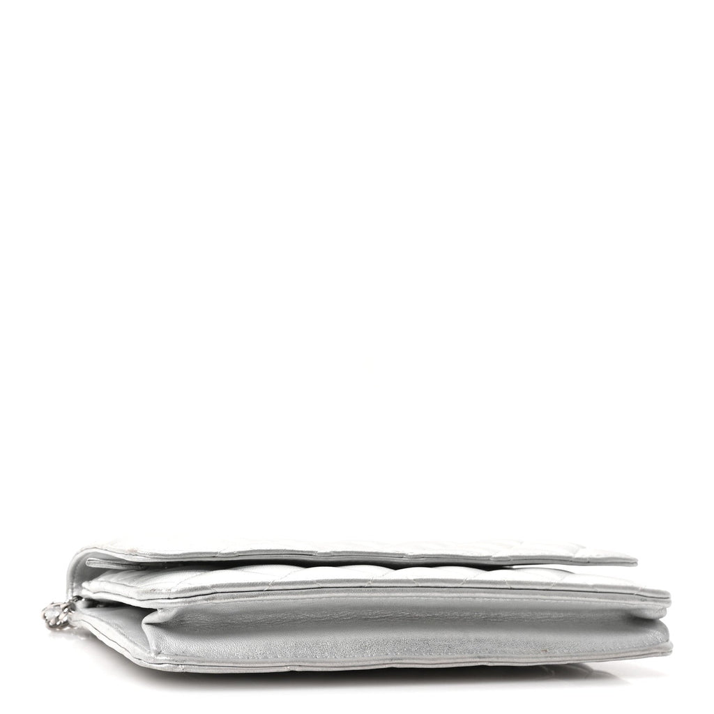 Metallic Lambskin Quilted Wallet On Chain WOC Silver