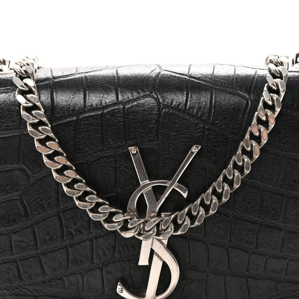 Calfskin Crocodile Embossed Small Classic Monogram Kate Tassel Satchel Black