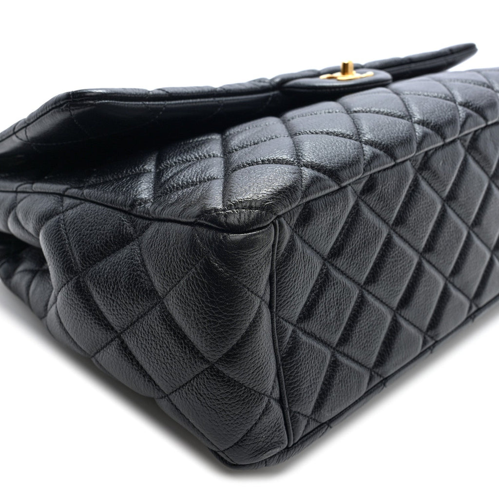 Grained Calfskin Quilted XXL Travel Flap Bag Black