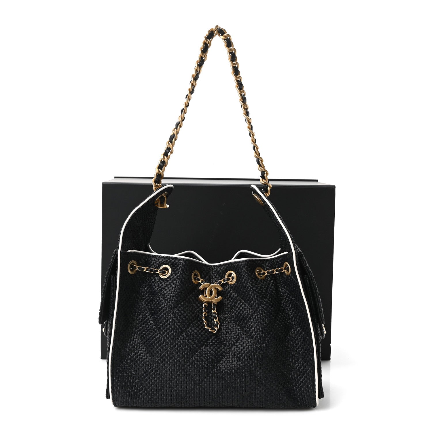 Braided Raffia Calfskin Quilted Small Chanel 25 Handbag Black White