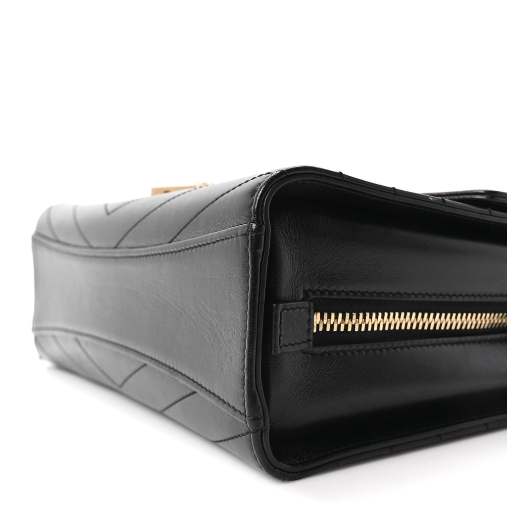Calfskin Chevron Quilted Medal Flap Black