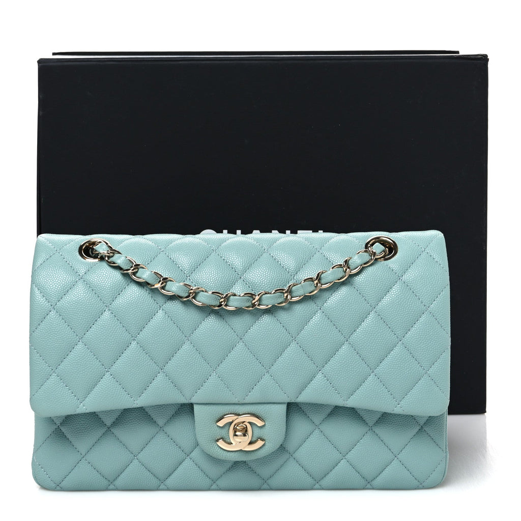 Caviar Quilted Medium Double Flap Light Blue