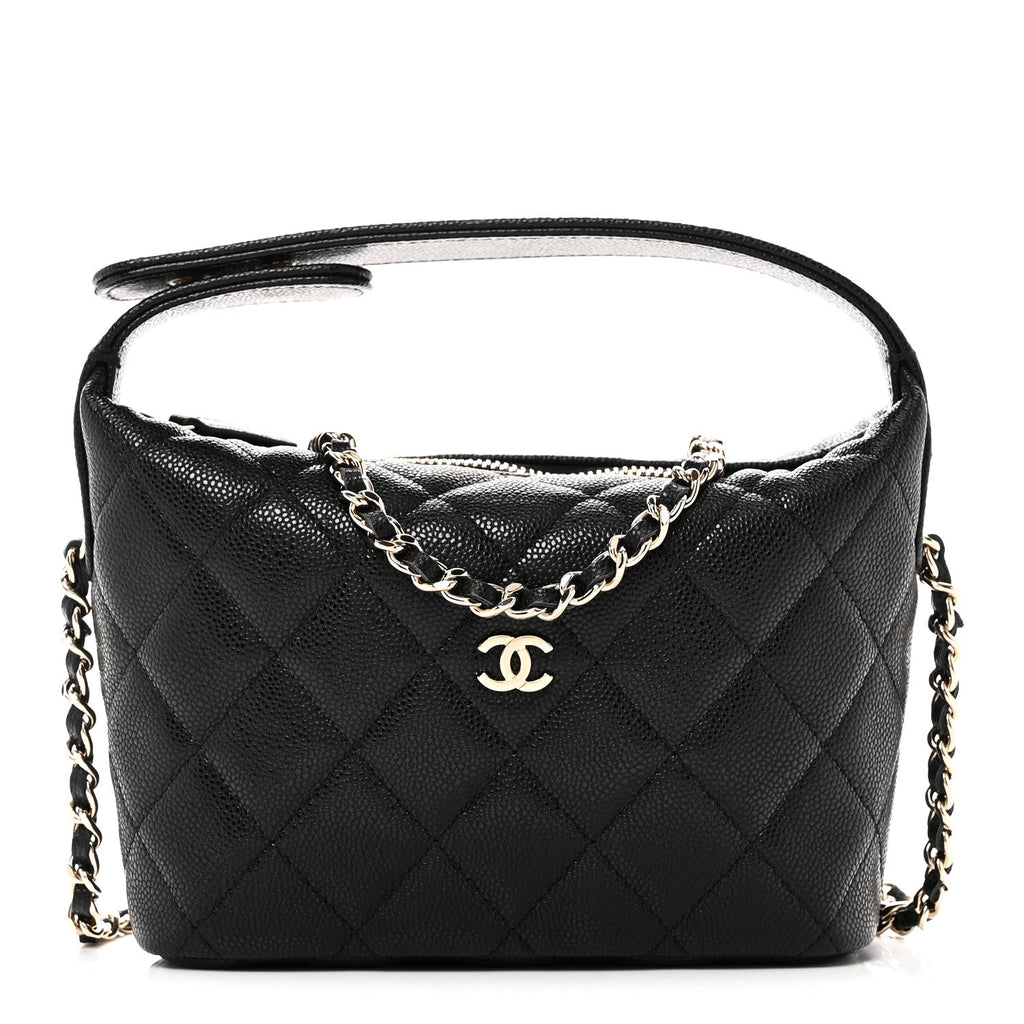 Caviar Quilted Hobo Clutch With Chain Black