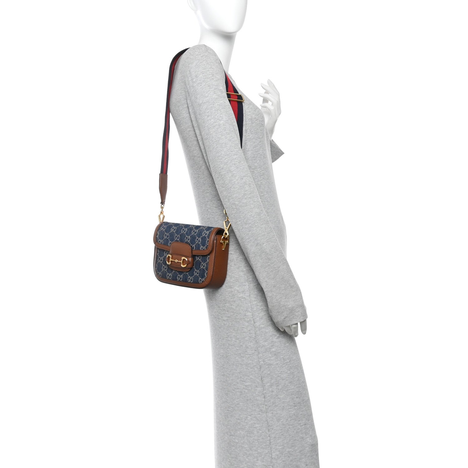 New Denim GG Monogram Dollar Calfskin Web Mini Horsebit 1955 Shoulder Bag Blue Tea Cuir Epilog