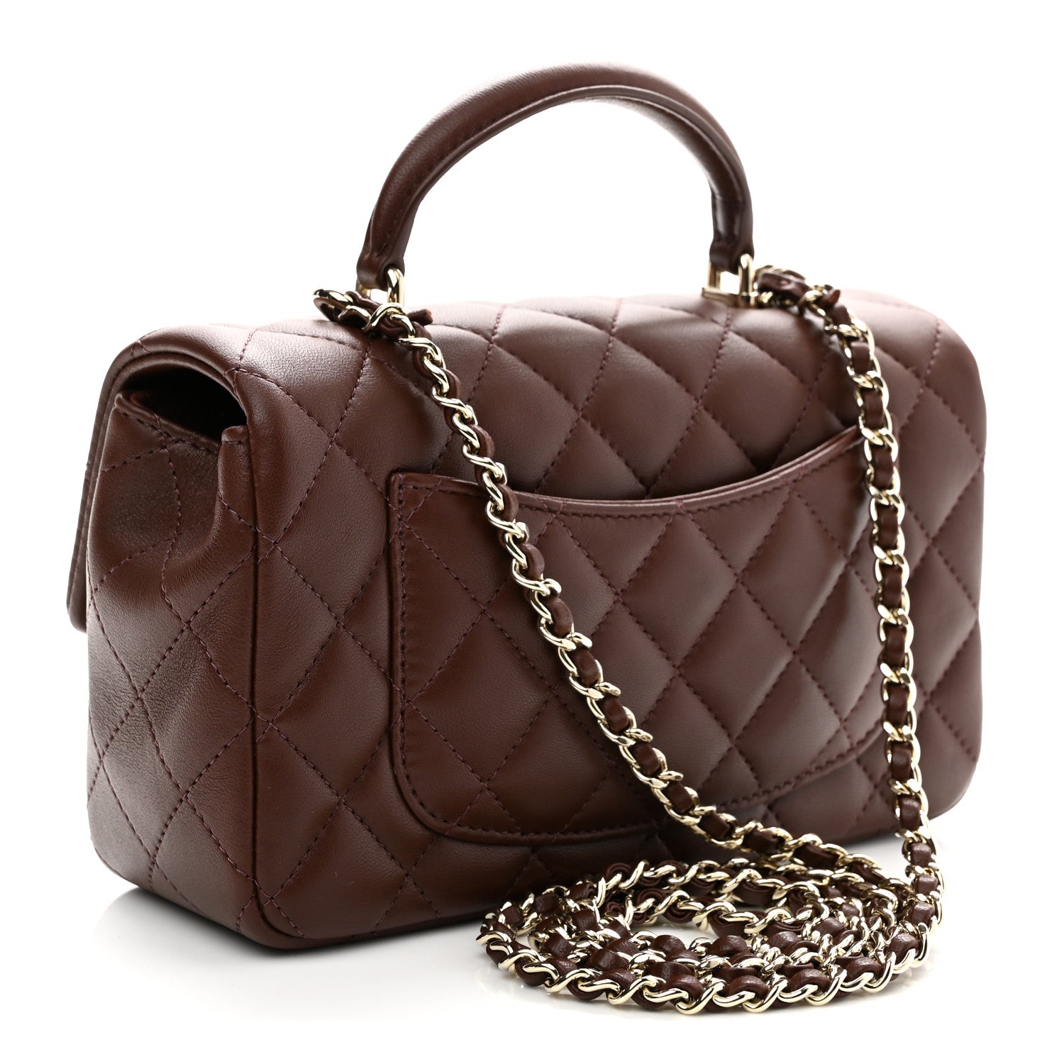 Lambskin Quilted Mini Top Handle Rectangular Flap Dark Brown