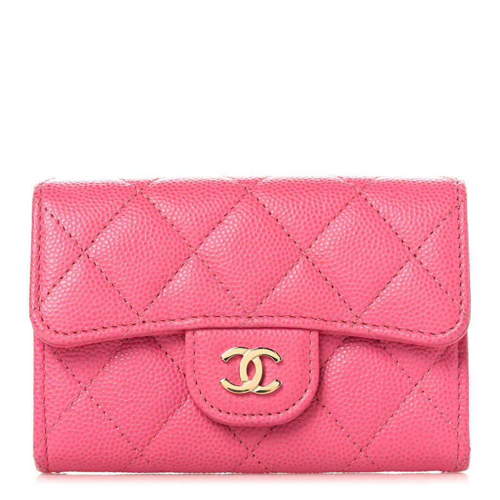 Caviar Quilted Flap Card Holder Wallet Pink
