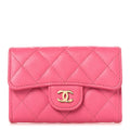 Caviar Quilted Flap Card Holder Wallet Pink
