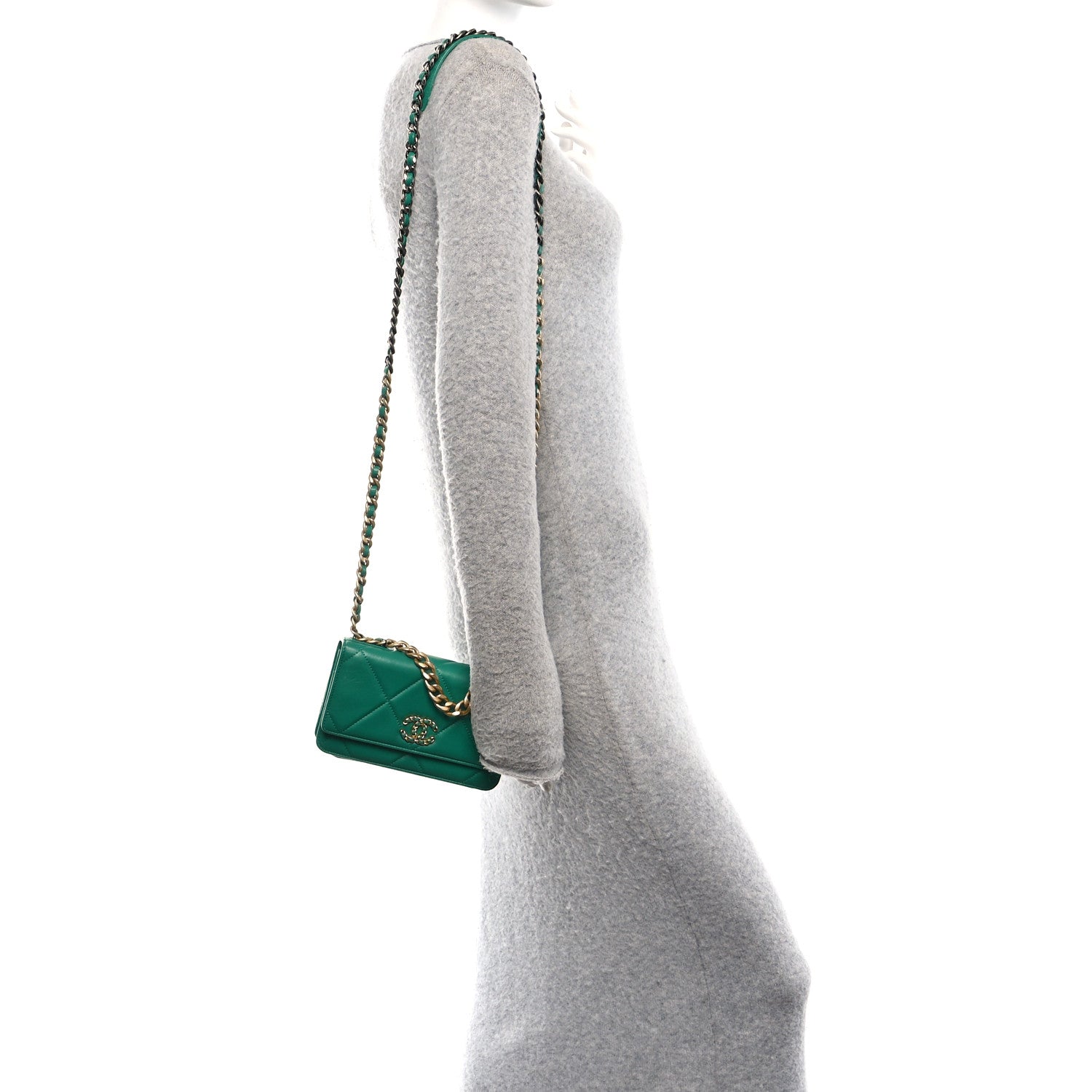Lambskin Quilted Chanel 19 Wallet On Chain WOC Green