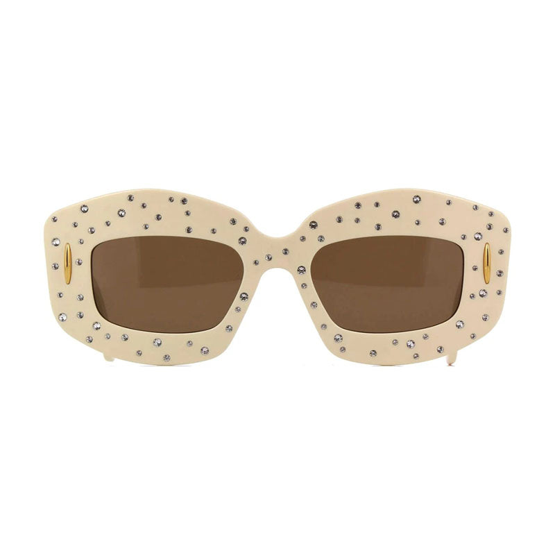 Loewe Sunglasses Rectangle Full Rim, Ivory with Crystal Studs Frame and Brown Lens LW4114IS25E