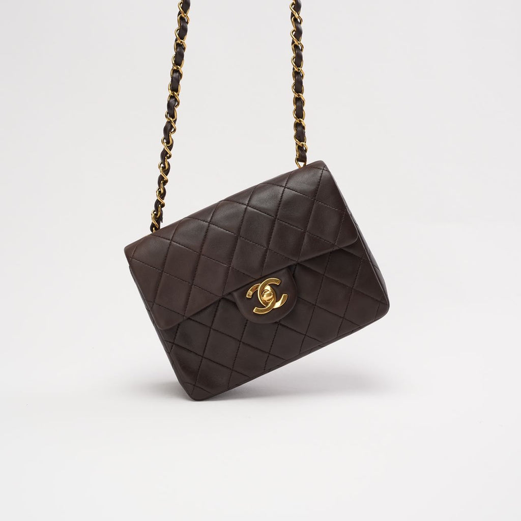 “Rare” Chanel Timeless Mini Square Flap Lamb Brown 1994
