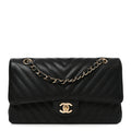Caviar Chevron Quilted Medium Double Flap Black