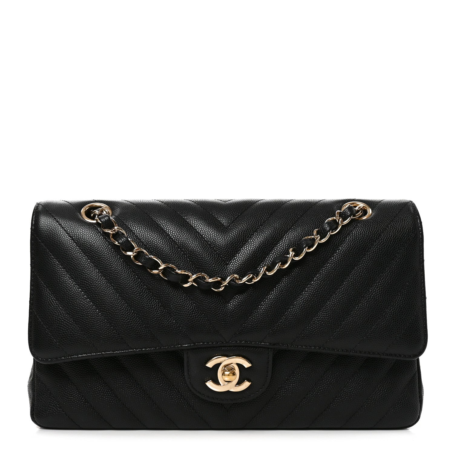 Caviar Chevron Quilted Medium Double Flap Black