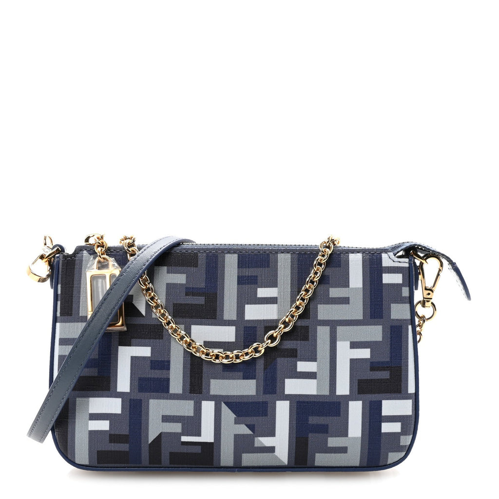 Fabric Jacquard Vitello Grace FF 1974 Baguette Pouch Blue