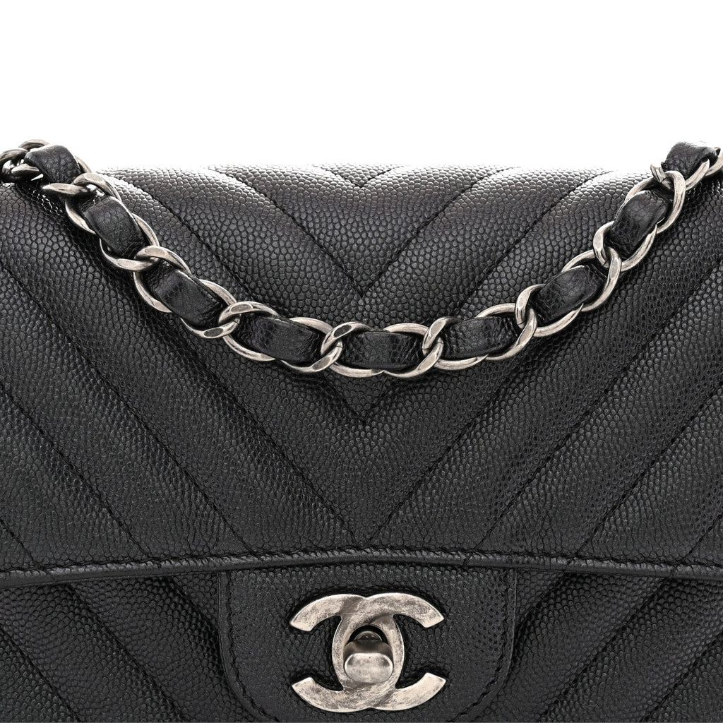 Iridescent Caviar Chevron Quilted Mini Rectangular Flap Black