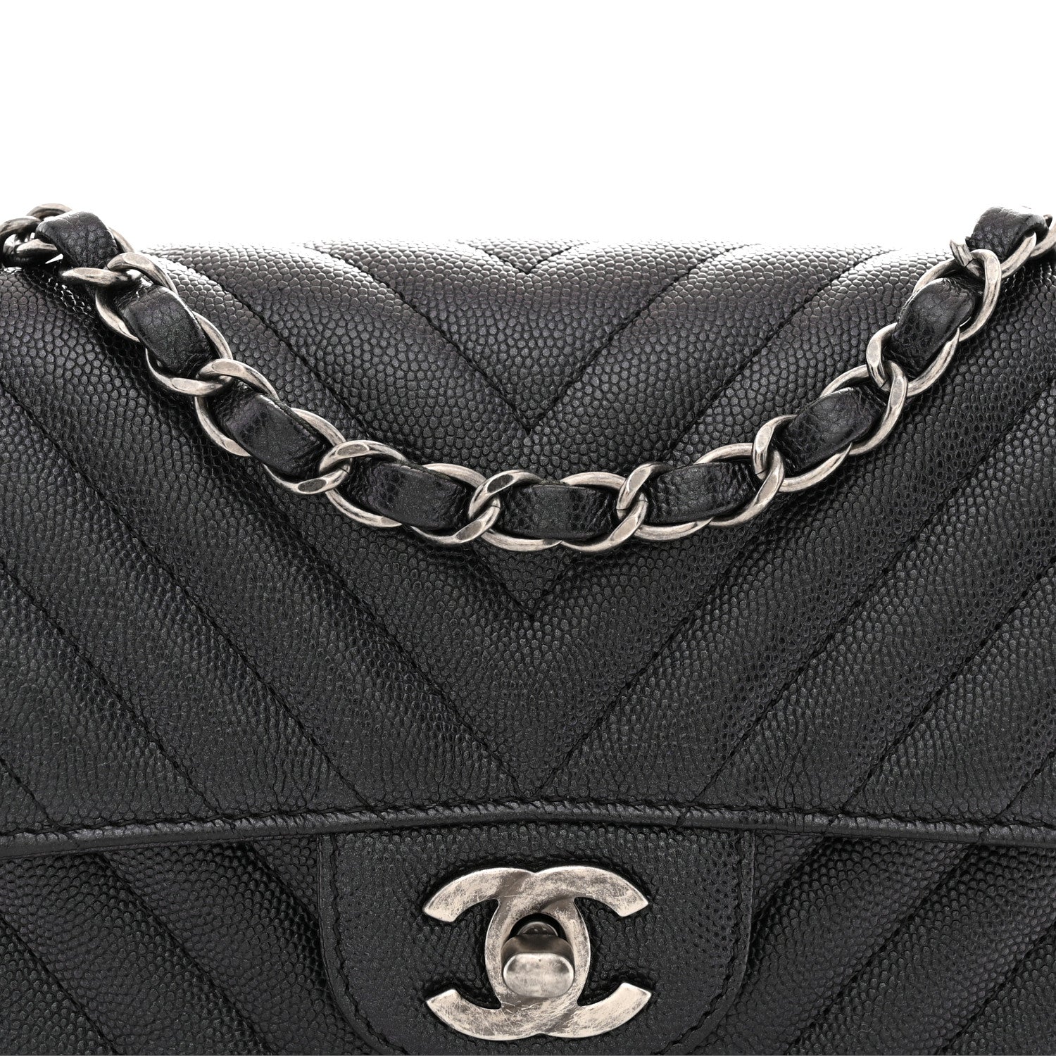 Iridescent Caviar Chevron Quilted Mini Rectangular Flap Black