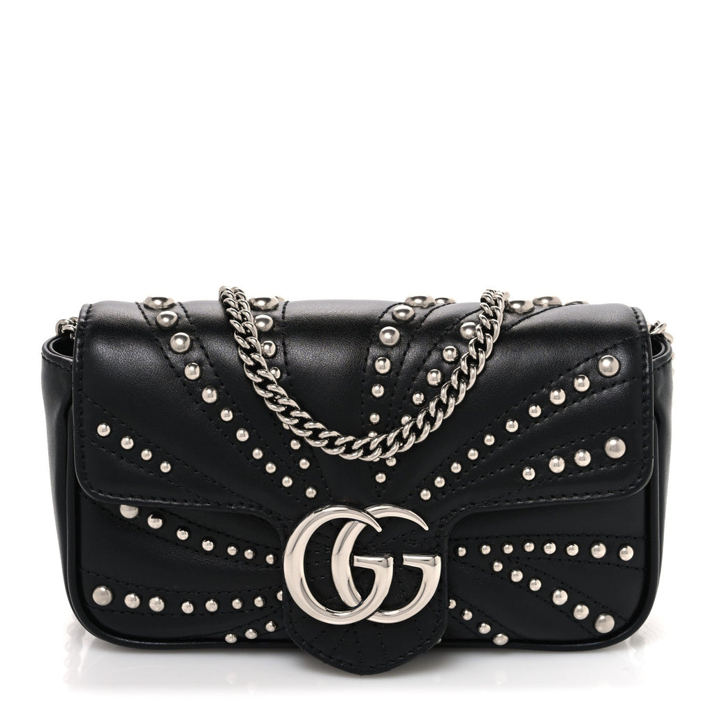 Calfskin Matelasse Studded Super Mini GG Marmont Shoulder Bag Black