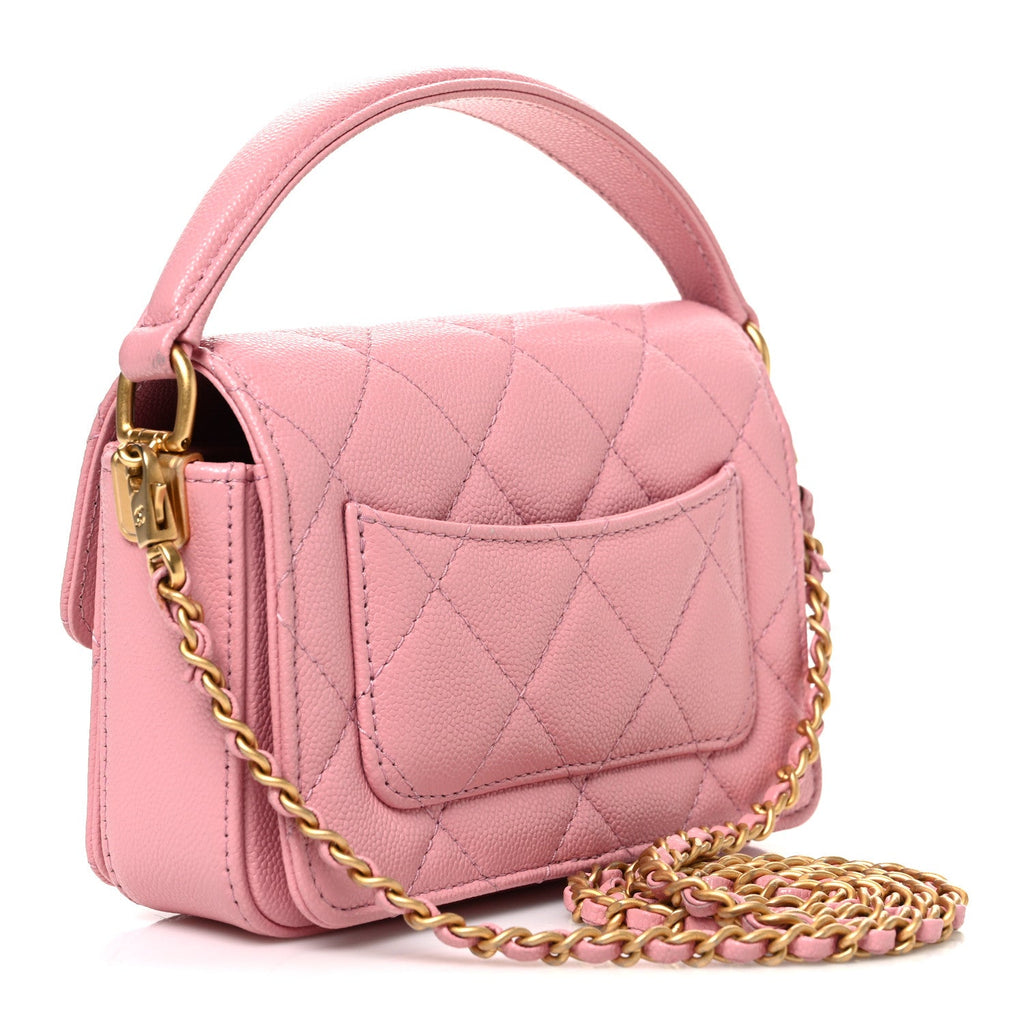 Shiny Caviar Quilted Mini Top Handle Flap Pink