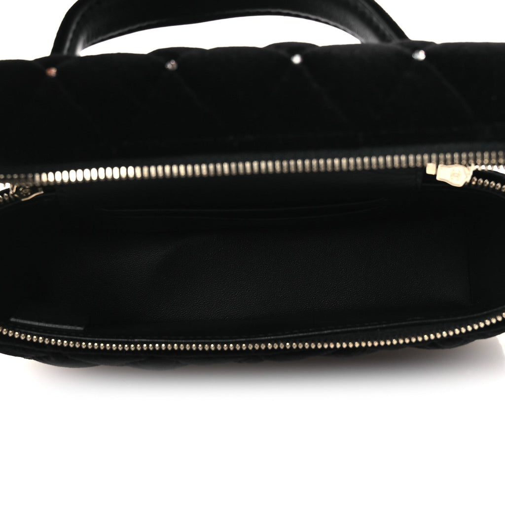 Velvet Diamanté Quilted Top Handle Slim Vanity Case With Chain Black