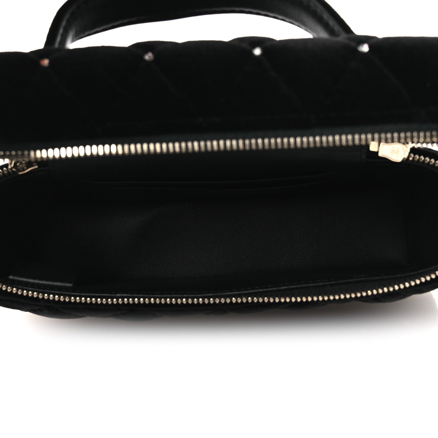 Velvet Diamanté Quilted Top Handle Slim Vanity Case With Chain Black