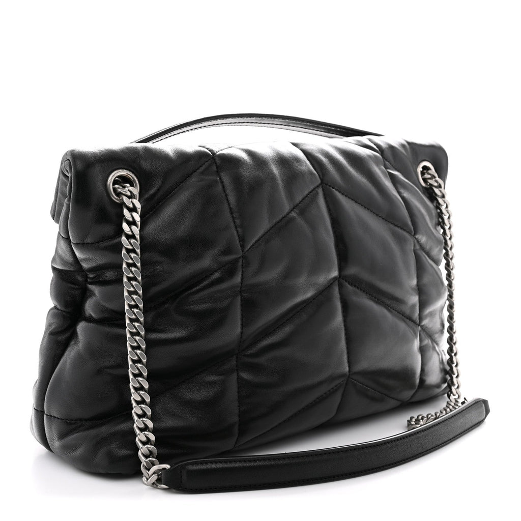 Lambskin Quilted Medium Loulou Puffer Monogram Chain Satchel Black