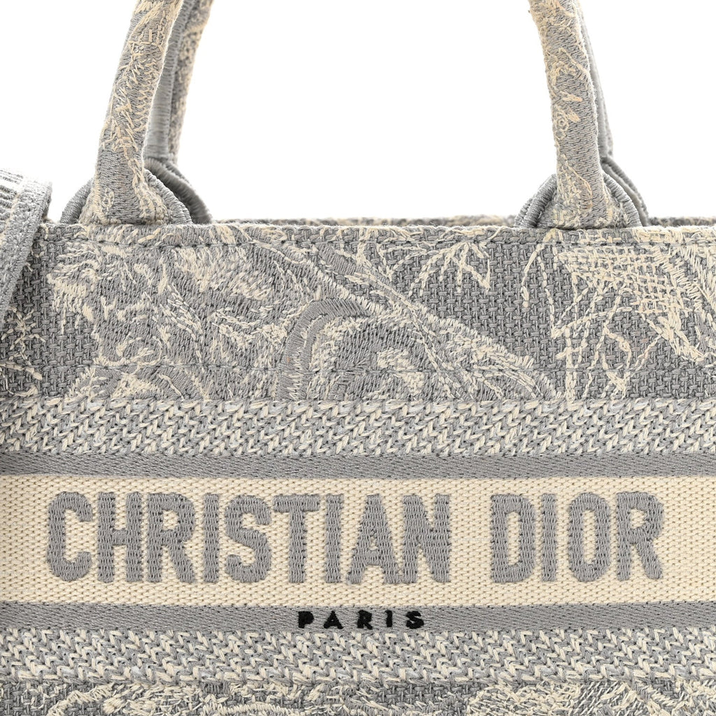 Canvas Embroidered Toile De Jouy Reverse Mini Book Tote With Strap Grey