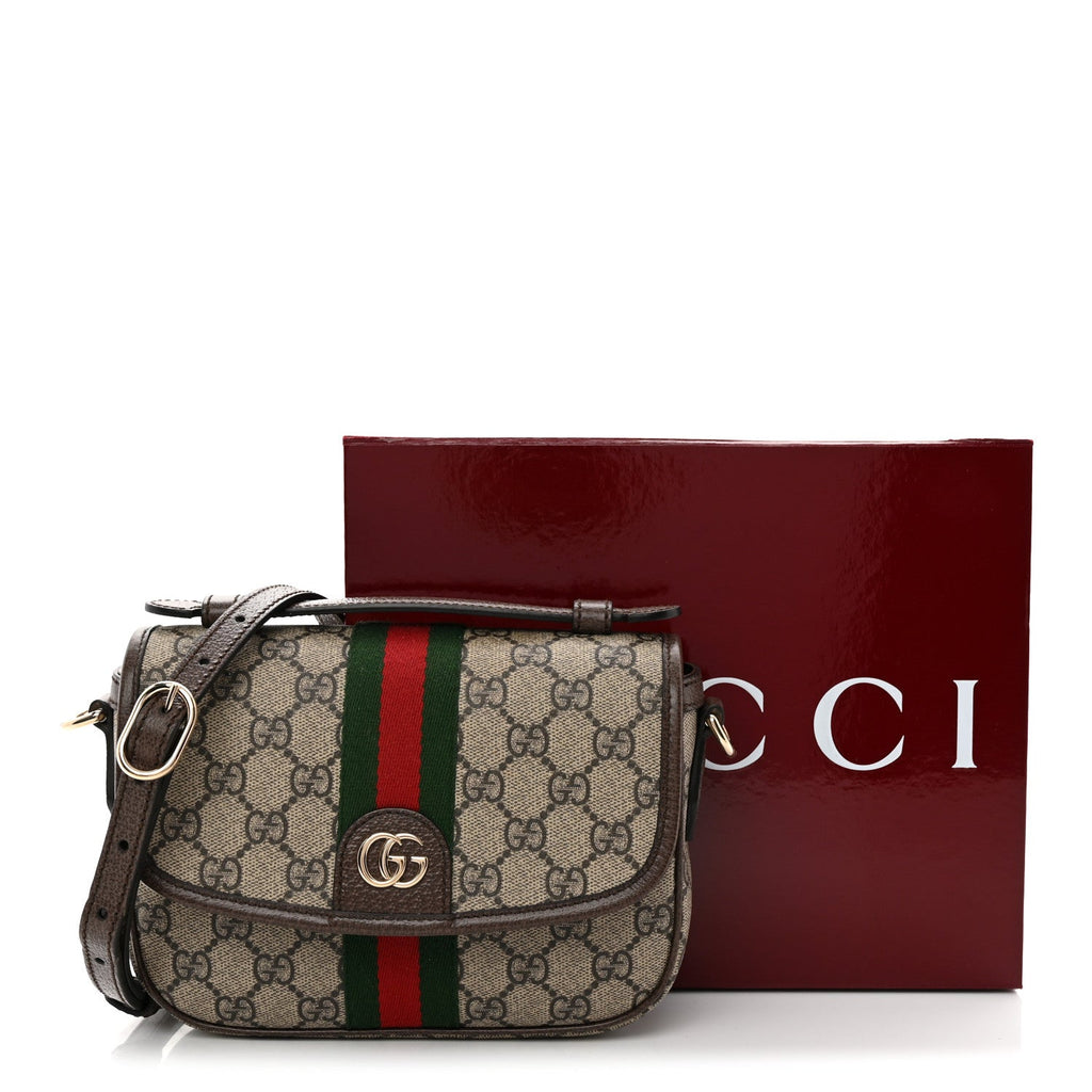 GG Supreme Monogram Textured Dollar Calfskin Small Ophidia Top Handle Shoulder Bag Beige Brown
