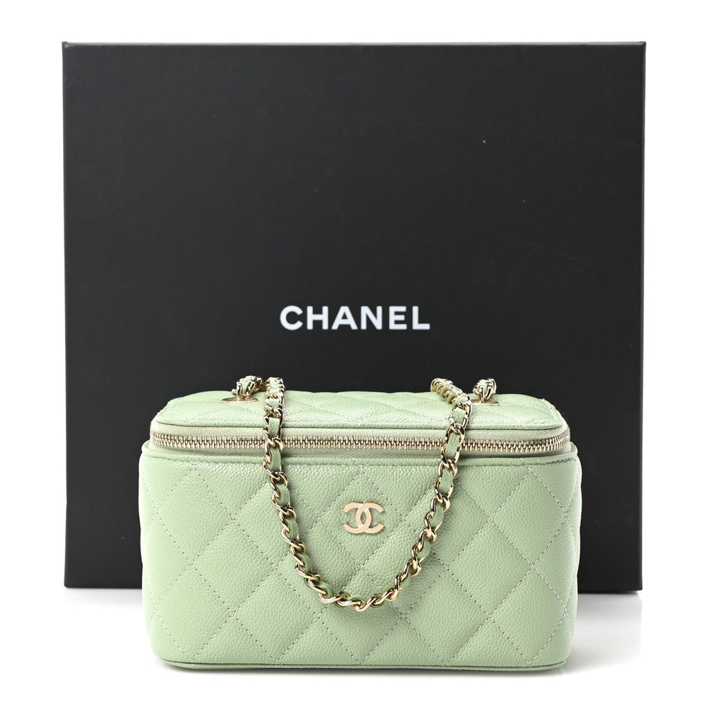Caviar Quilted Small Vanity Case With Chain Light Green