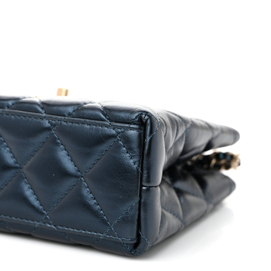 Metallic Aged Calfskin Quilted Nano Kelly Shopper Navy