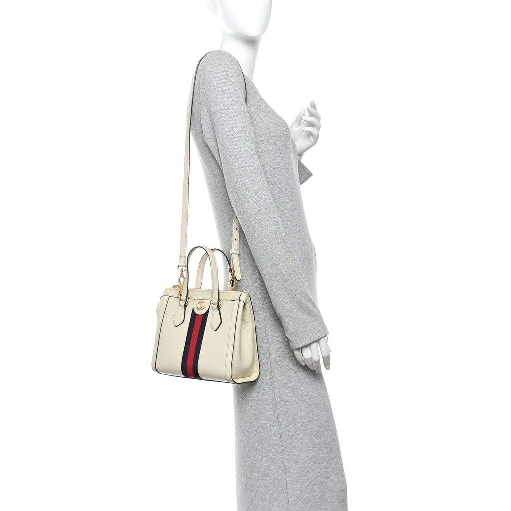 Textured Calfskin Web Small Ophidia Tote Bag Mystic White