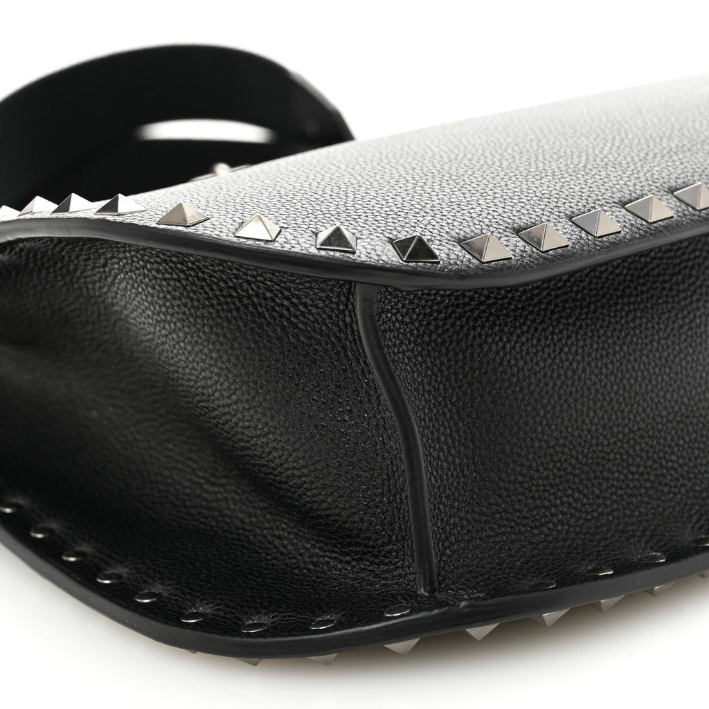 Grained Calfskin Rockstud Hobo Shoulder Bag Black
