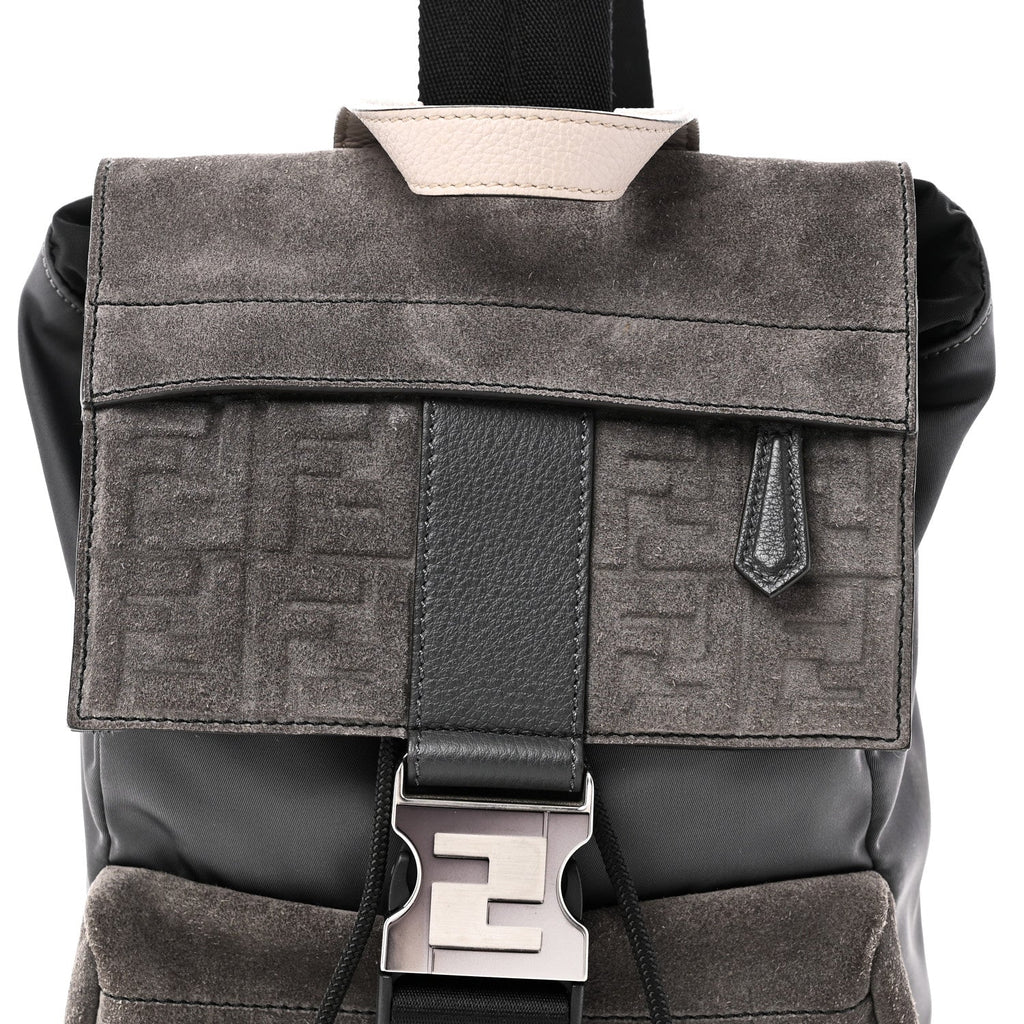 Suede Nylon Santander Cuoio Romano Bi-Color FF Embossed Small Fendiness Backpack Piombo Fango Grigio Polvere Asphalto