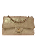 Metallic Snakeskin Medium Double Flap Light Beige