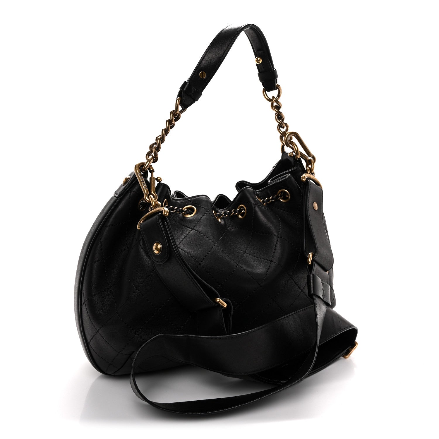 Calfskin Stitched Small Paris Rome Drawstring CC Bag Black