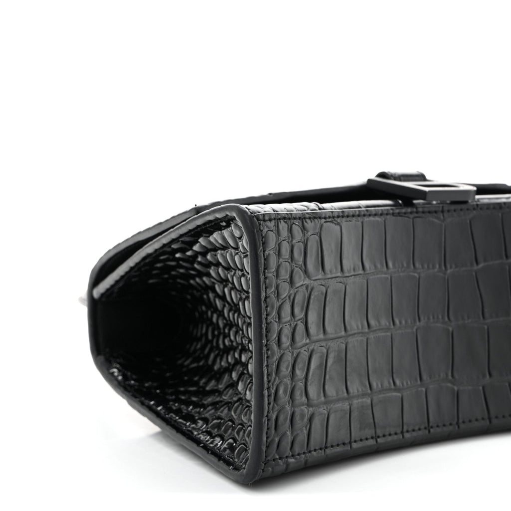 Shiny Calfskin Monochrome Crocodile Embossed Small Hourglass Top Handle Bag Black