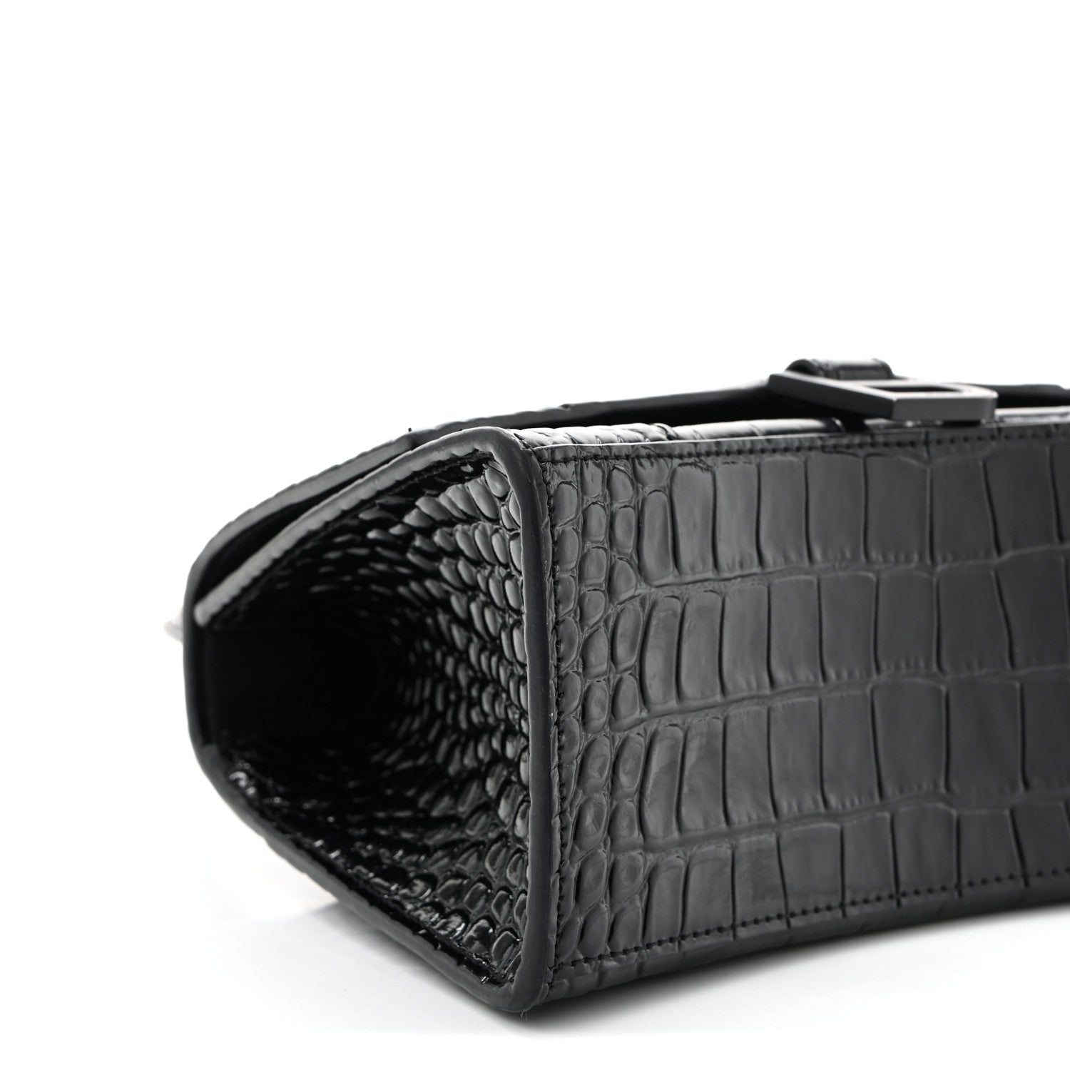 Shiny Calfskin Monochrome Crocodile Embossed Small Hourglass Top Handle Bag Black
