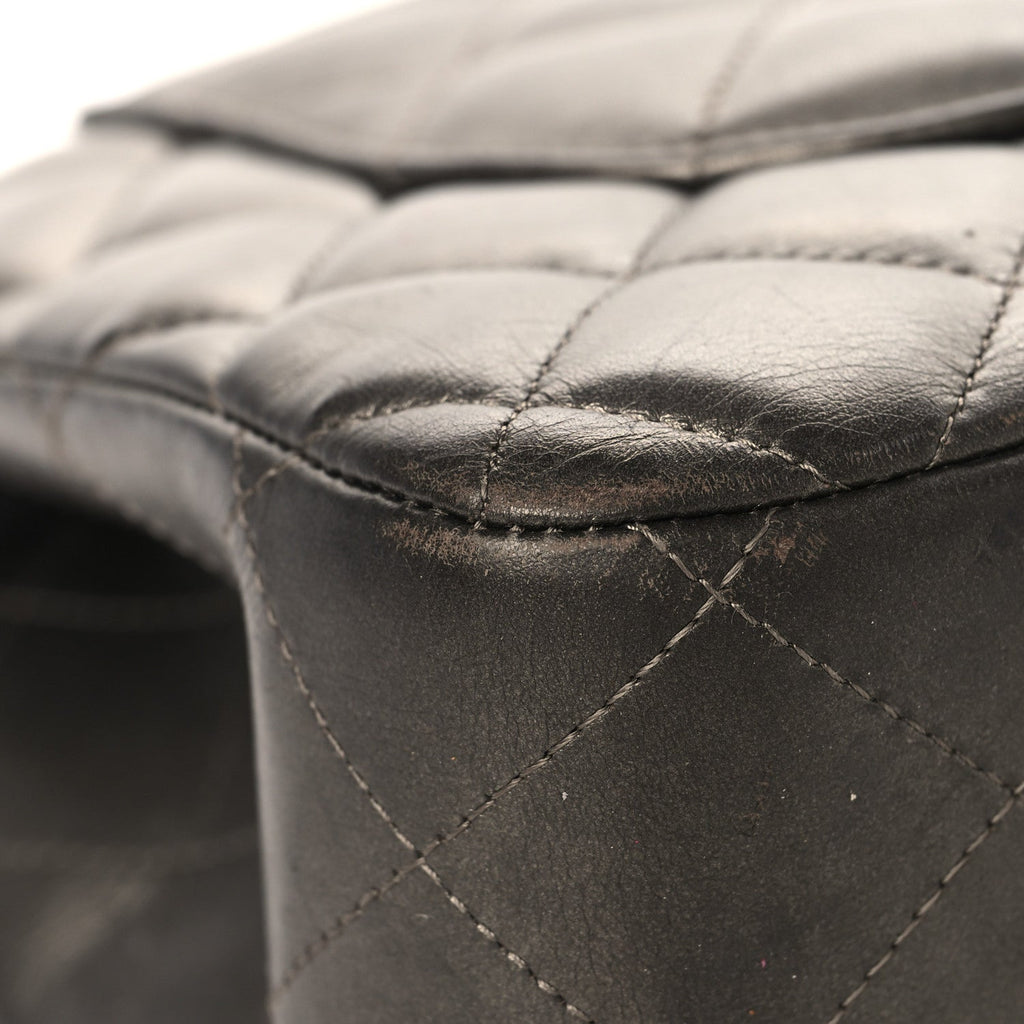 Metallic Lambskin Quilted Jumbo Double Flap Pewter