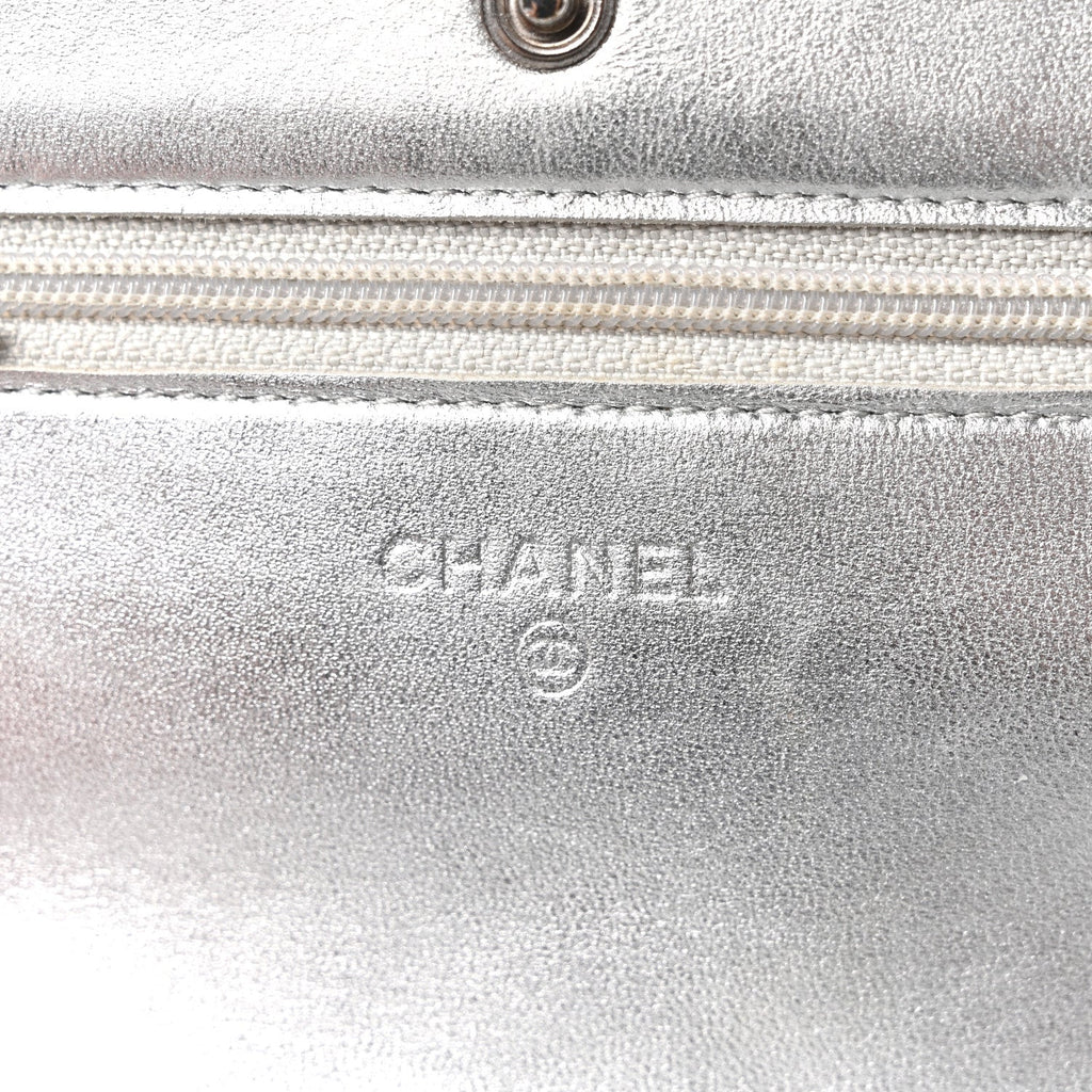 Metallic Lambskin Quilted Wallet On Chain WOC Silver