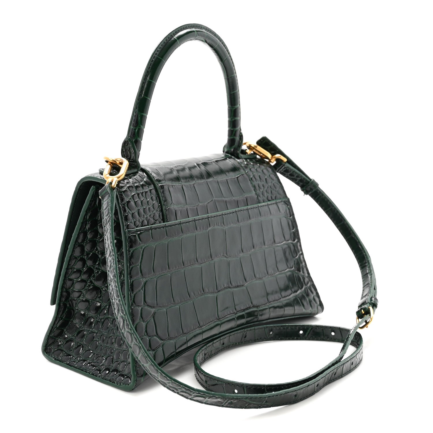 Shiny Calfskin Crocodile Embossed Small Hourglass Top Handle Bag Forest Green