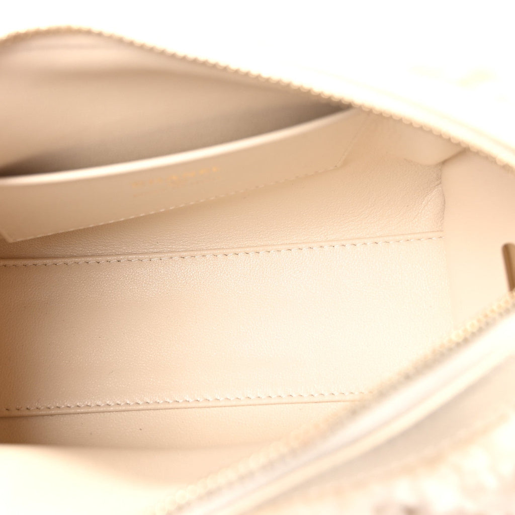 Shearling Quilted Barrel Clutch With Chain Beige