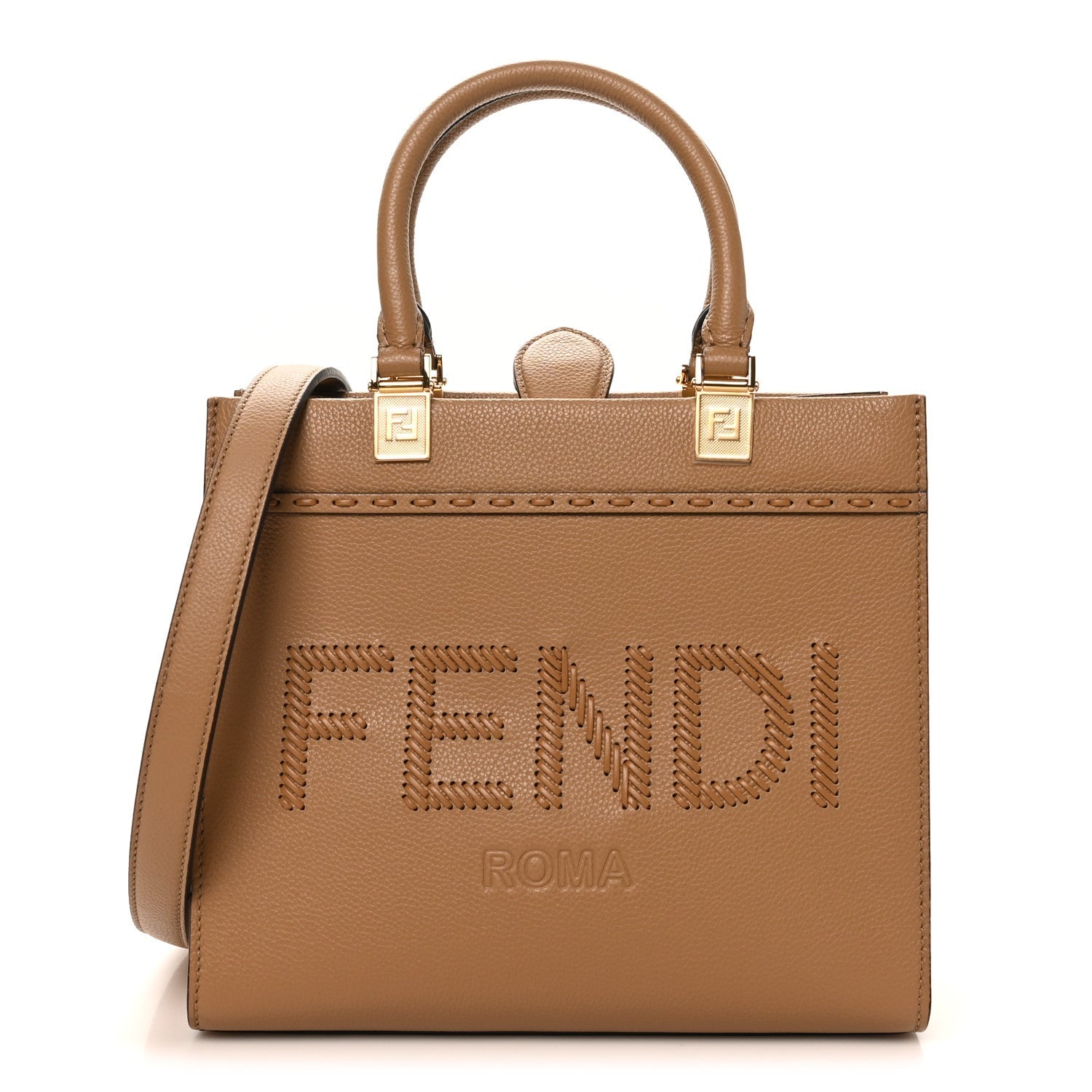 Vitello Santa Barbara Woven Logo Small Fendi Sunshine Shopper Tote Cappucino