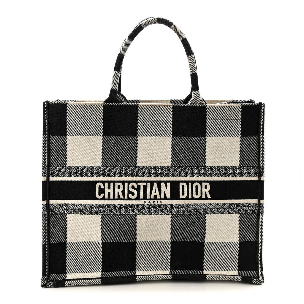 Canvas Embroidered Large Checkered Book Tote Black White