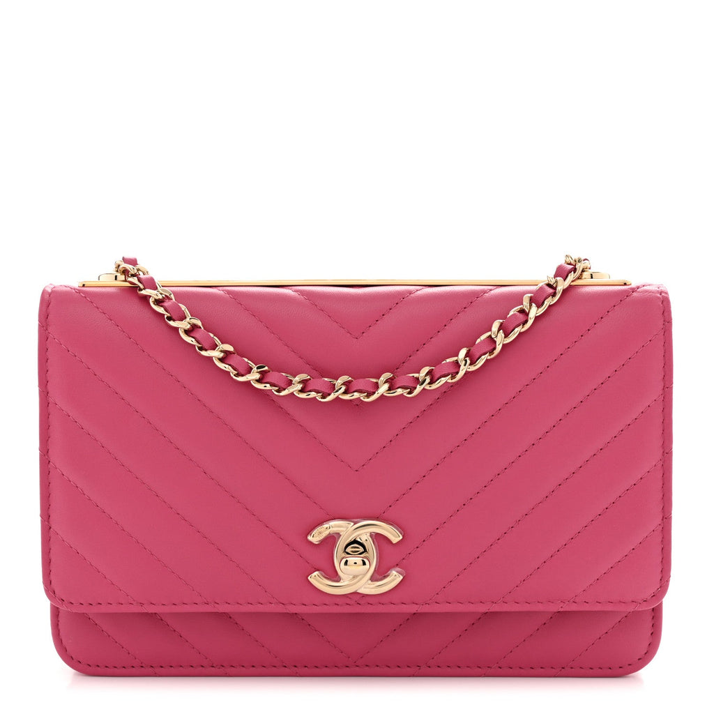 Lambskin Chevron Quilted Trendy CC Wallet On Chain WOC Pink