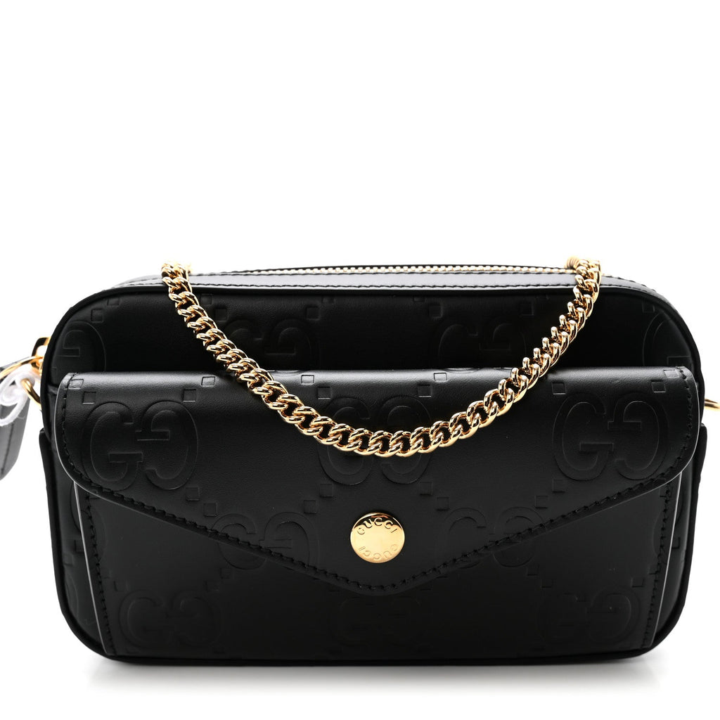 Calfskin GG Super Mini Debossed Chain Wallet Black