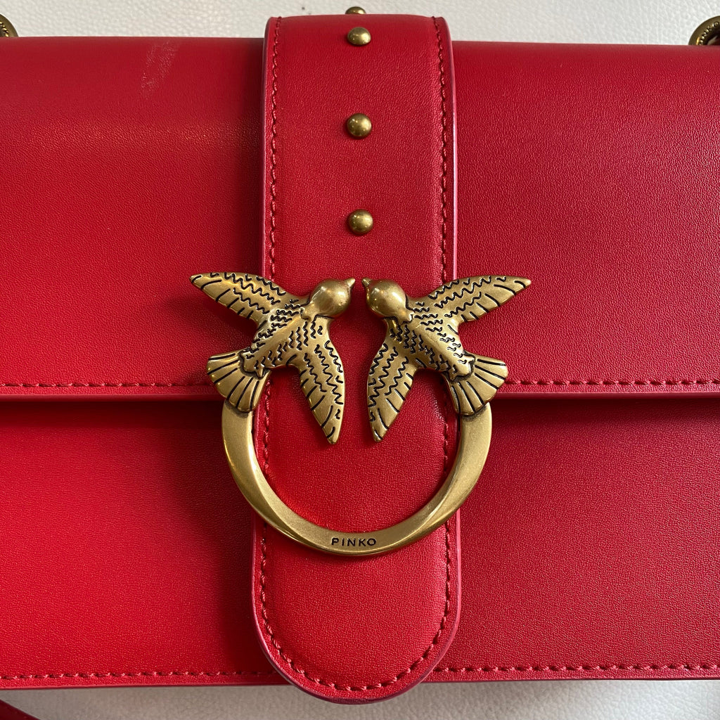 PINKO Classic Lovebird Italian Leather Shoulder Bag/Crossbody Red