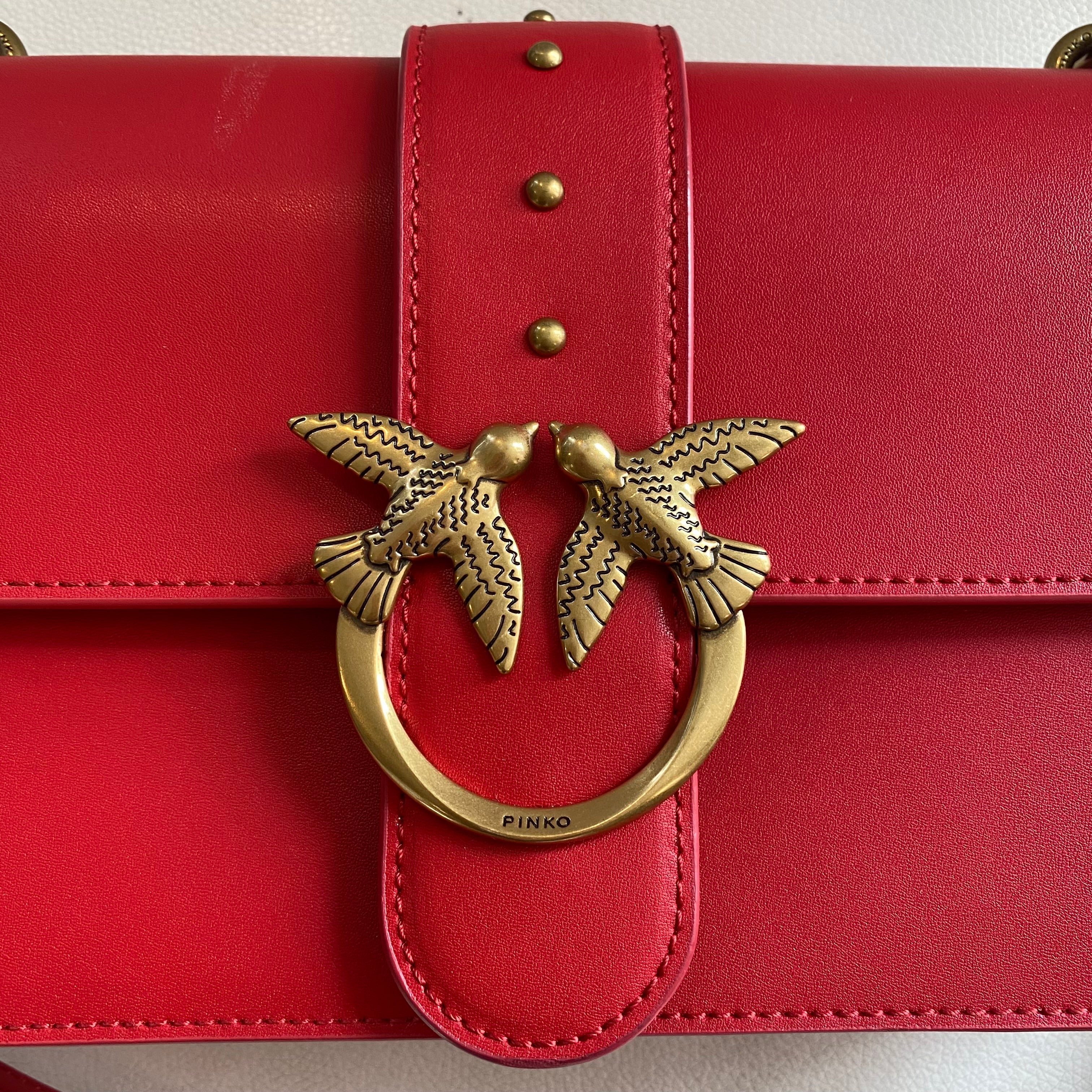 PINKO Classic Lovebird Italian Leather Shoulder Bag/Crossbody Red