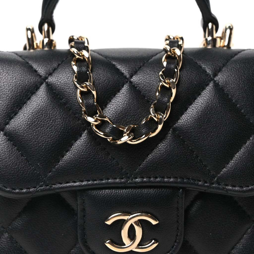 Lambskin Quilted Top Handle Flap Clutch With Chain Black